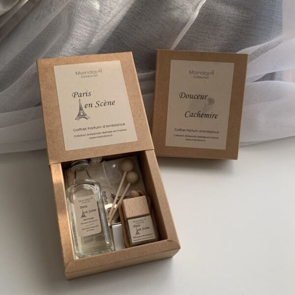 MaindorA-Coffret diffuseur parfum avec flacon, recharge et accessoires. Le coffret idéal pour parfumer sa voiture pendant longtemps.